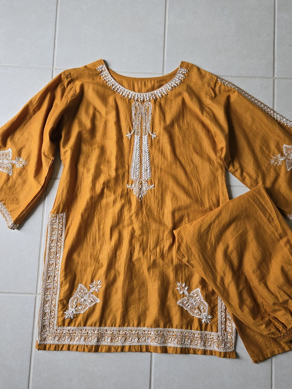 2 Pc Stiched Salwar Kurta Mustard Yellow Cotton Medium 3/4 Sleeves